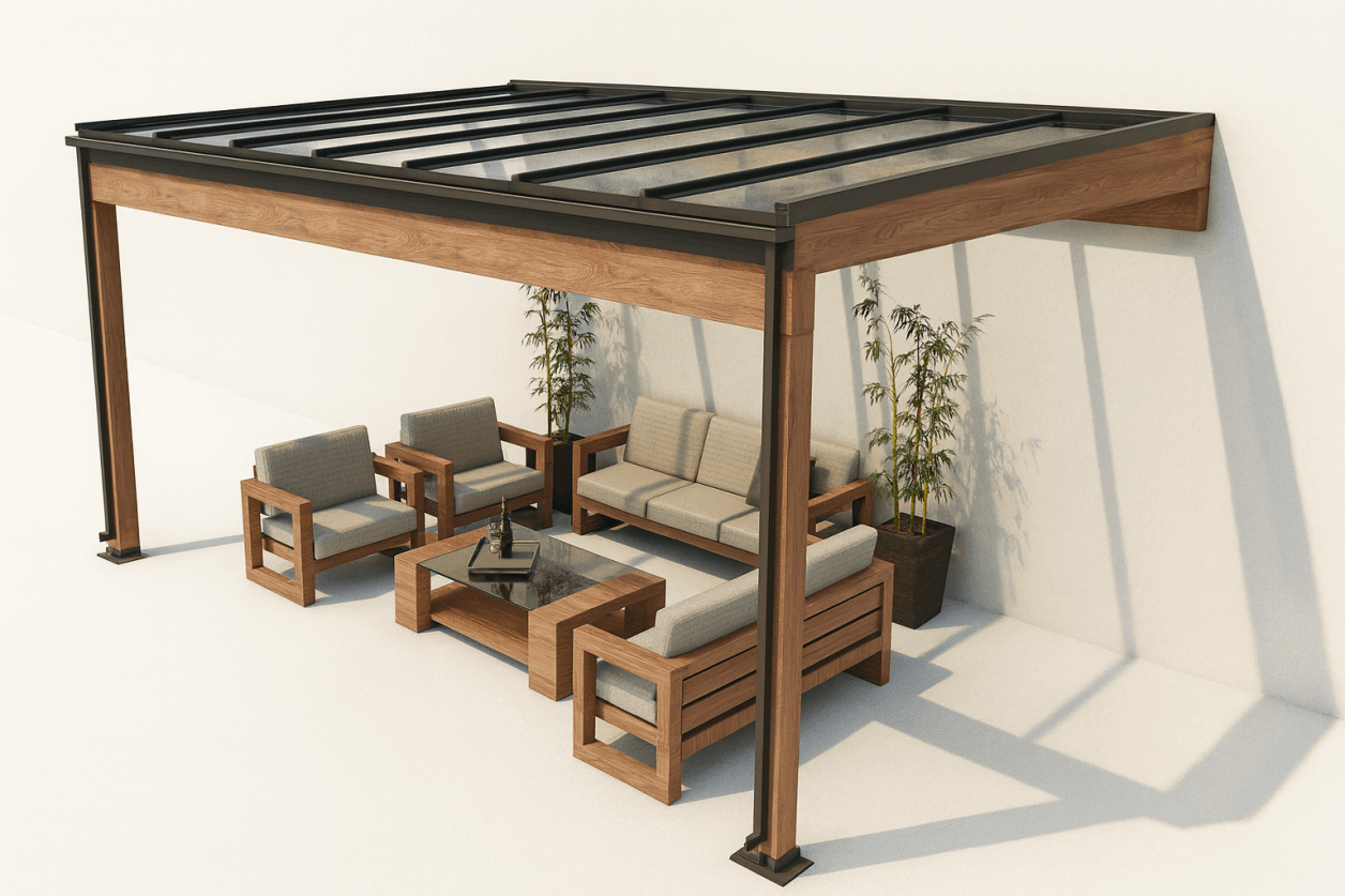 Timber CUBE Pure - zastřešení terasy s bezpečnostním sklem.